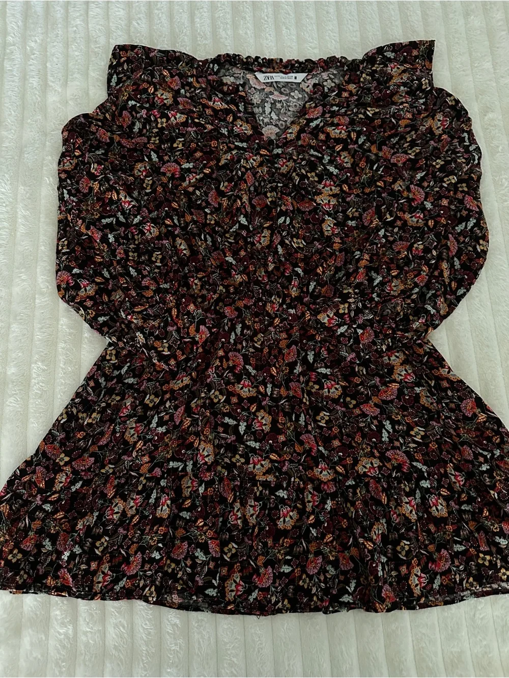 ZARA Black Floral Ruffle Long-Sleeve Mini Dress with Ruffled Collar - Picture 3 of 8